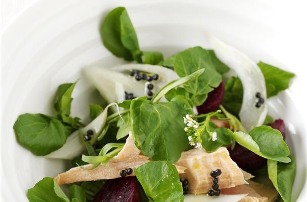 Salmon, Watercress, Fennel and Baby Beetroot Salad With Lemony “Caviar” Dressing Recipe